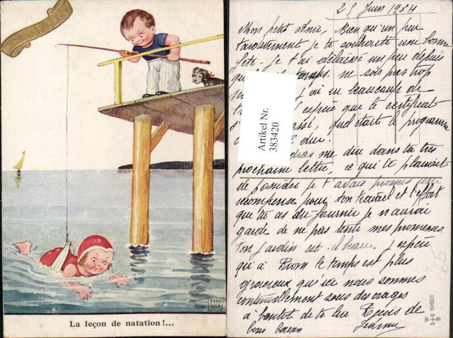 383420,Künstler AK Willi Scheuermann John Wills Kinder Meer Mädchen an der Angel Hund