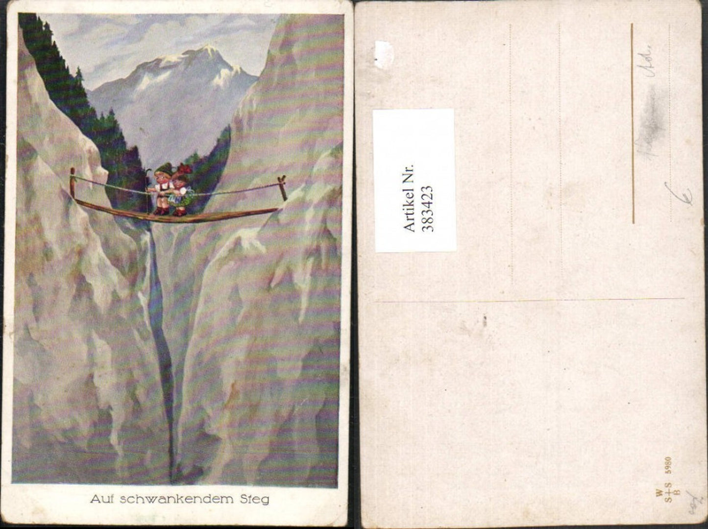 383423,Künstler AK Willi Scheuermann John Wills Auf schwankendem Steg Kinder Brücke Schlucht
