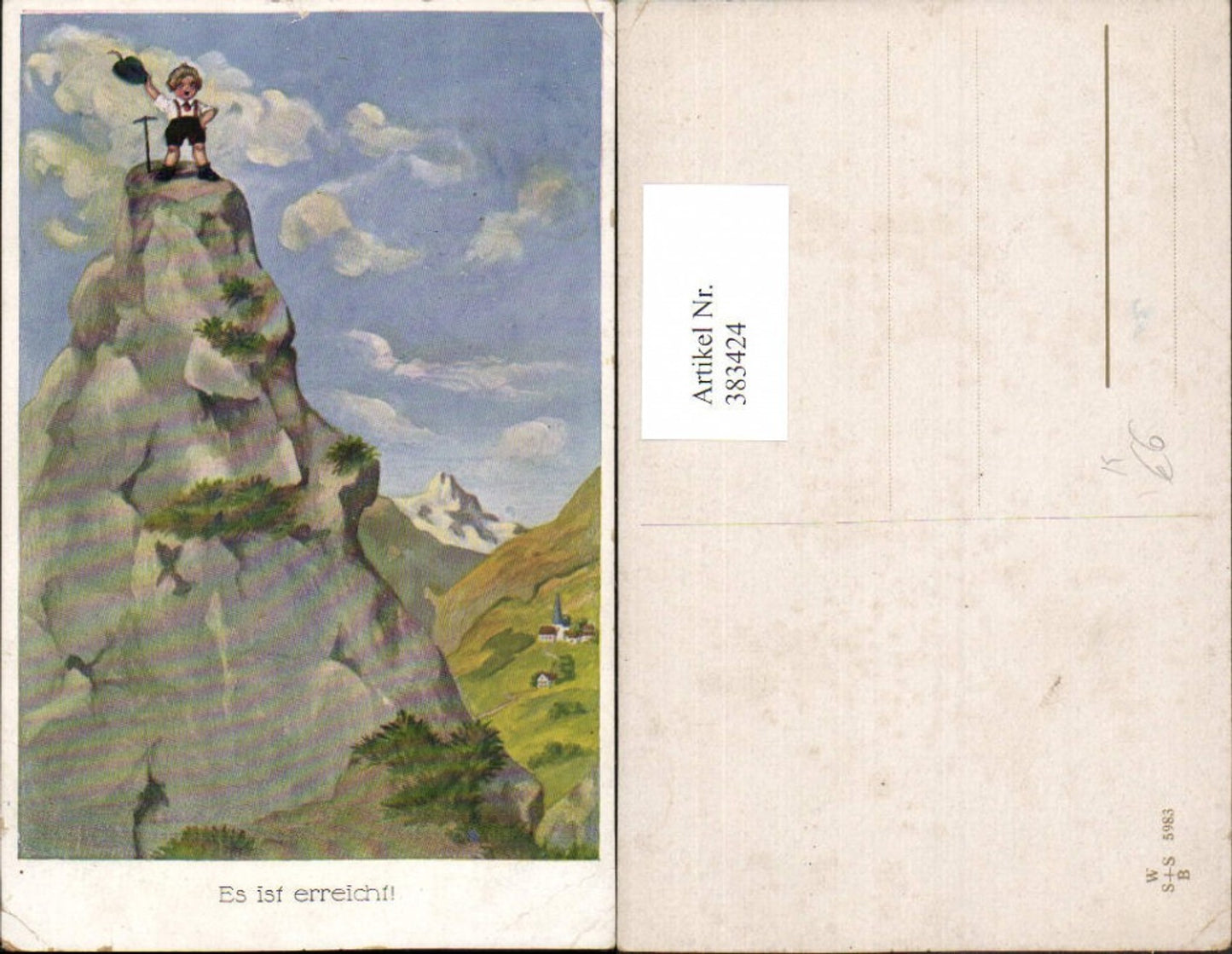 383424,Künstler AK Willi Scheuermann John Wills Es ist erreicht Kind Junge Bergsteiger Berggipfel
