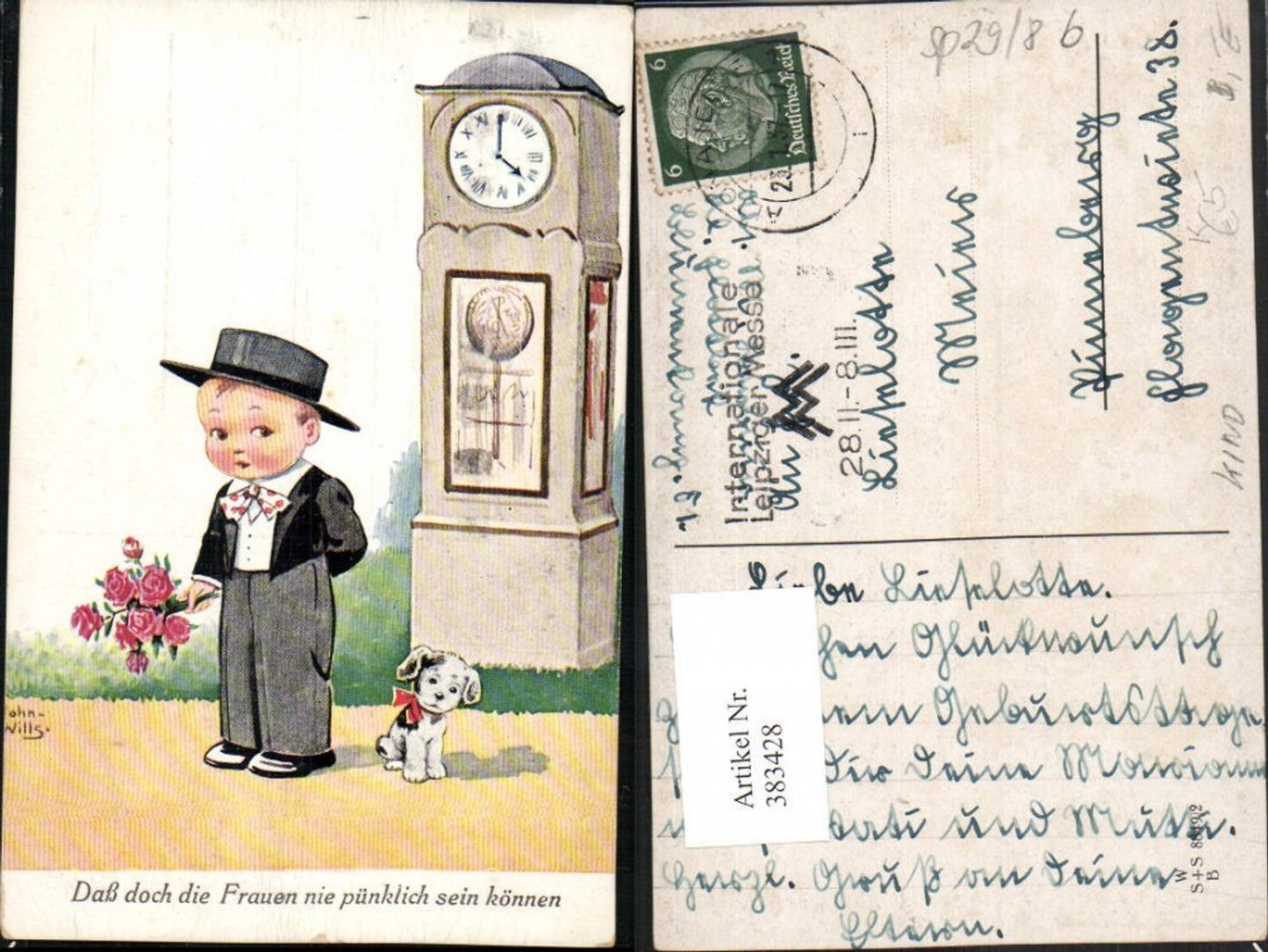 383428,Künstler AK Willi Scheuermann John Wills Junge Kind m. Hut Rosenstrauß Uhr Hund