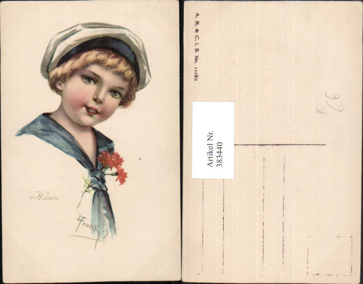 383440,Künstler AK Elly Frank Hansi Junge Bub m. Mütze Nelken Portrait