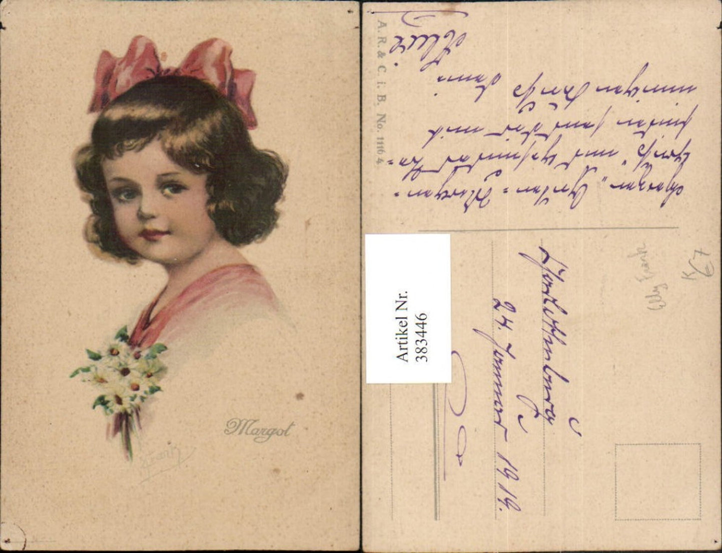 383446,Künstler AK Elly Frank Margot Mädchen m. Masche Blumen Portrait