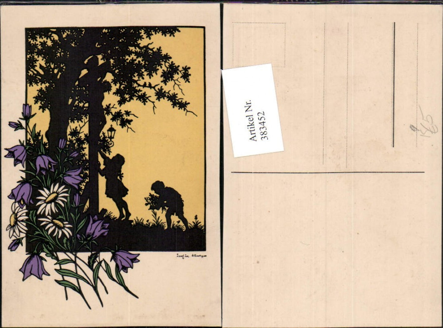 383452,Künstler AK Josefine Allmayer Scherenschnitt Silhouette Kinder Kreuz Blumen Glockenblume