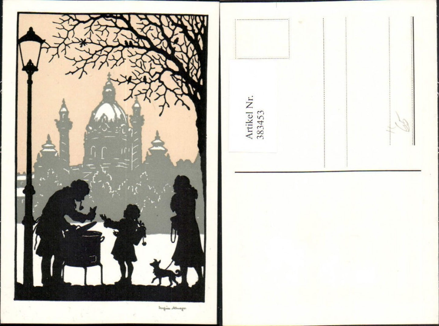 383453,Künstler AK Josefine Allmayer Scherenschnitt Silhouette Edelkastanie Maroni Stand Karlskirche