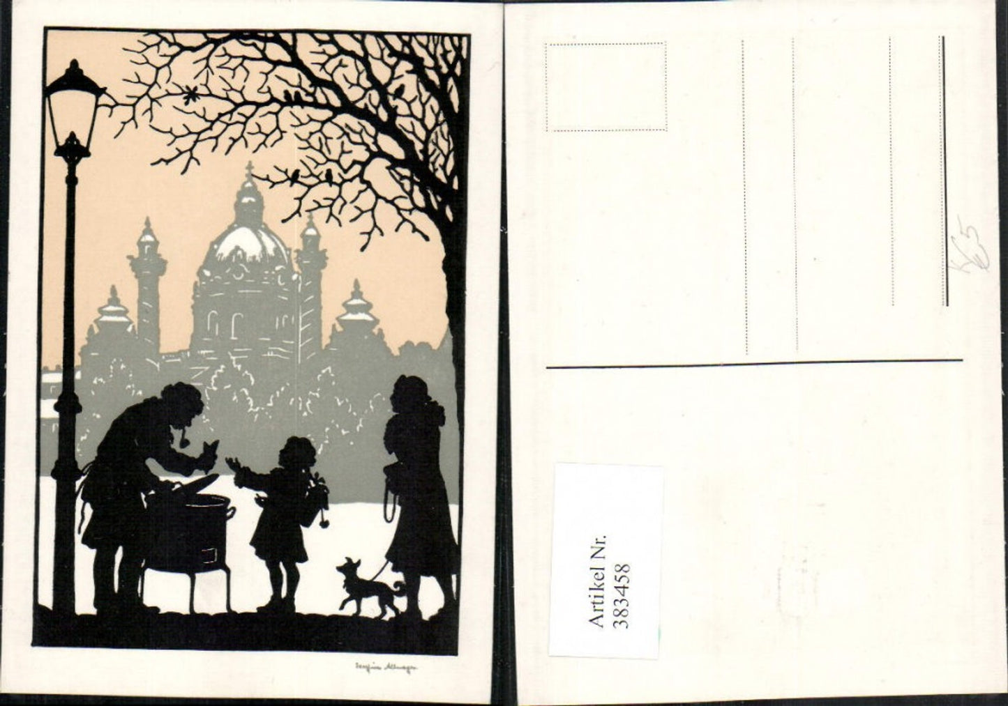383458,Künstler AK Josefine Allmayer Scherenschnitt Silhouette Edelkastanie Maroni Stand Karlskirche
