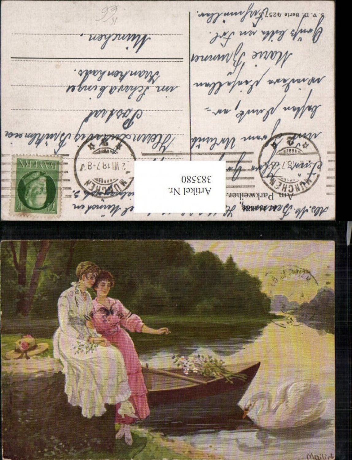 383580,Künstler AK Alfred Mailick Parkweiher Frauen m. Kleider Ruderboot Schwan
