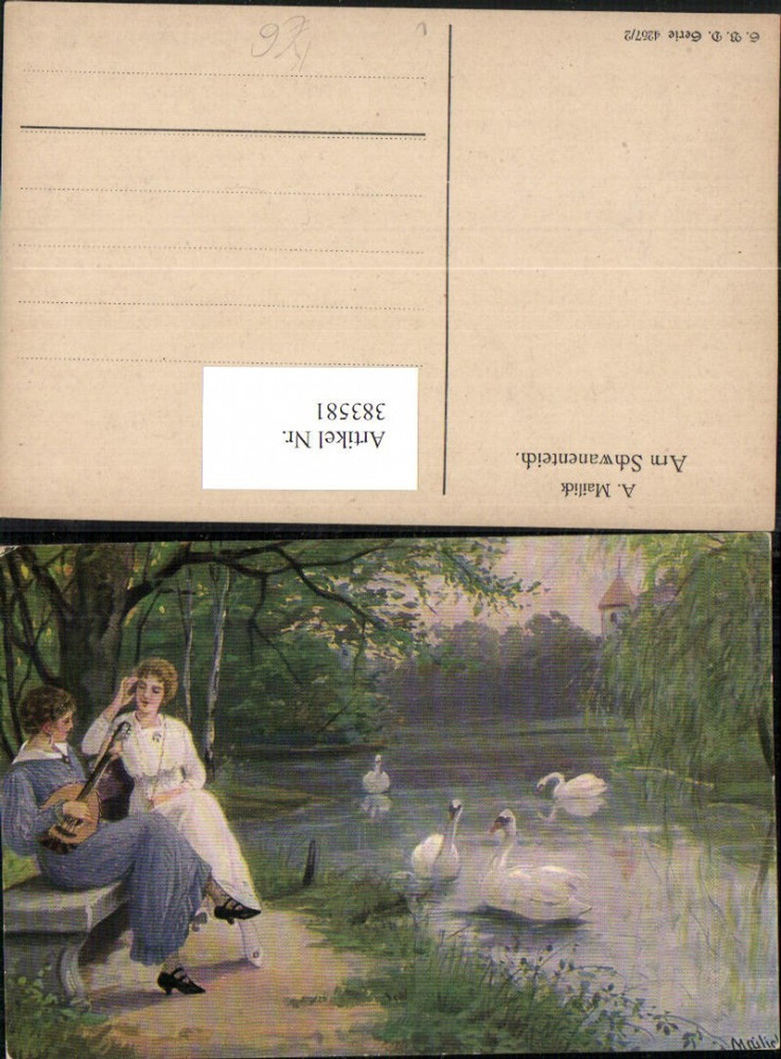 383581,Künstler AK Alfred Mailick Am Schwanenteich Frauen Mandoline Schwäne