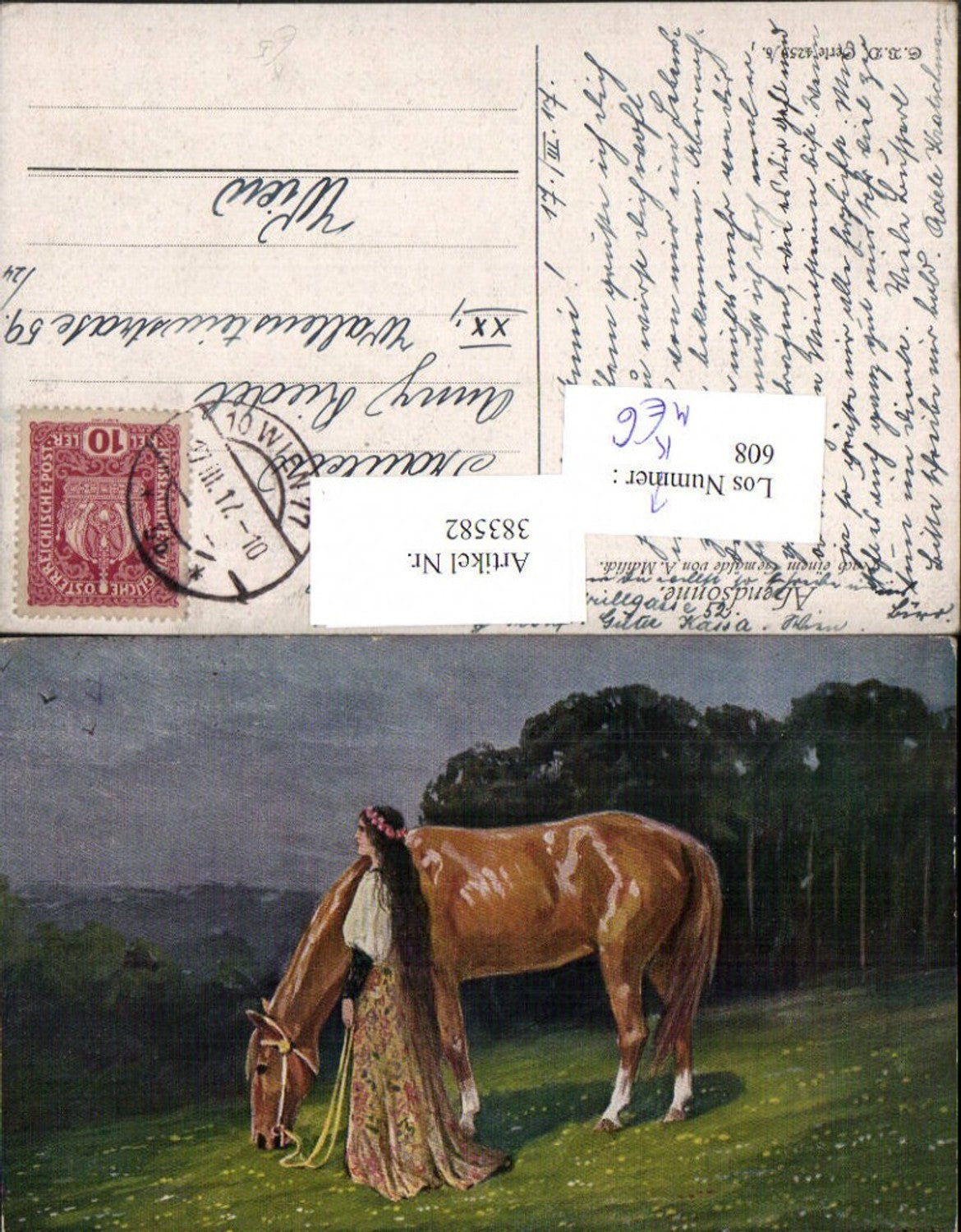 383582,Künstler AK Alfred Mailick Abendsonne Frau m. Langen Haaren Pferd