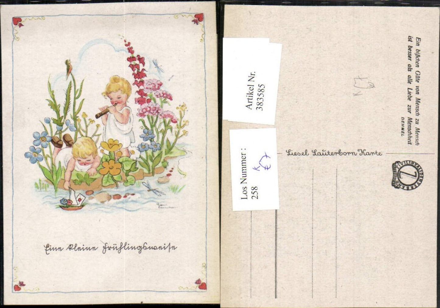 383585,Künstler AK Liesel Lauterborn Frühling Kinder Flöte Boot Brief Blumen Libelle