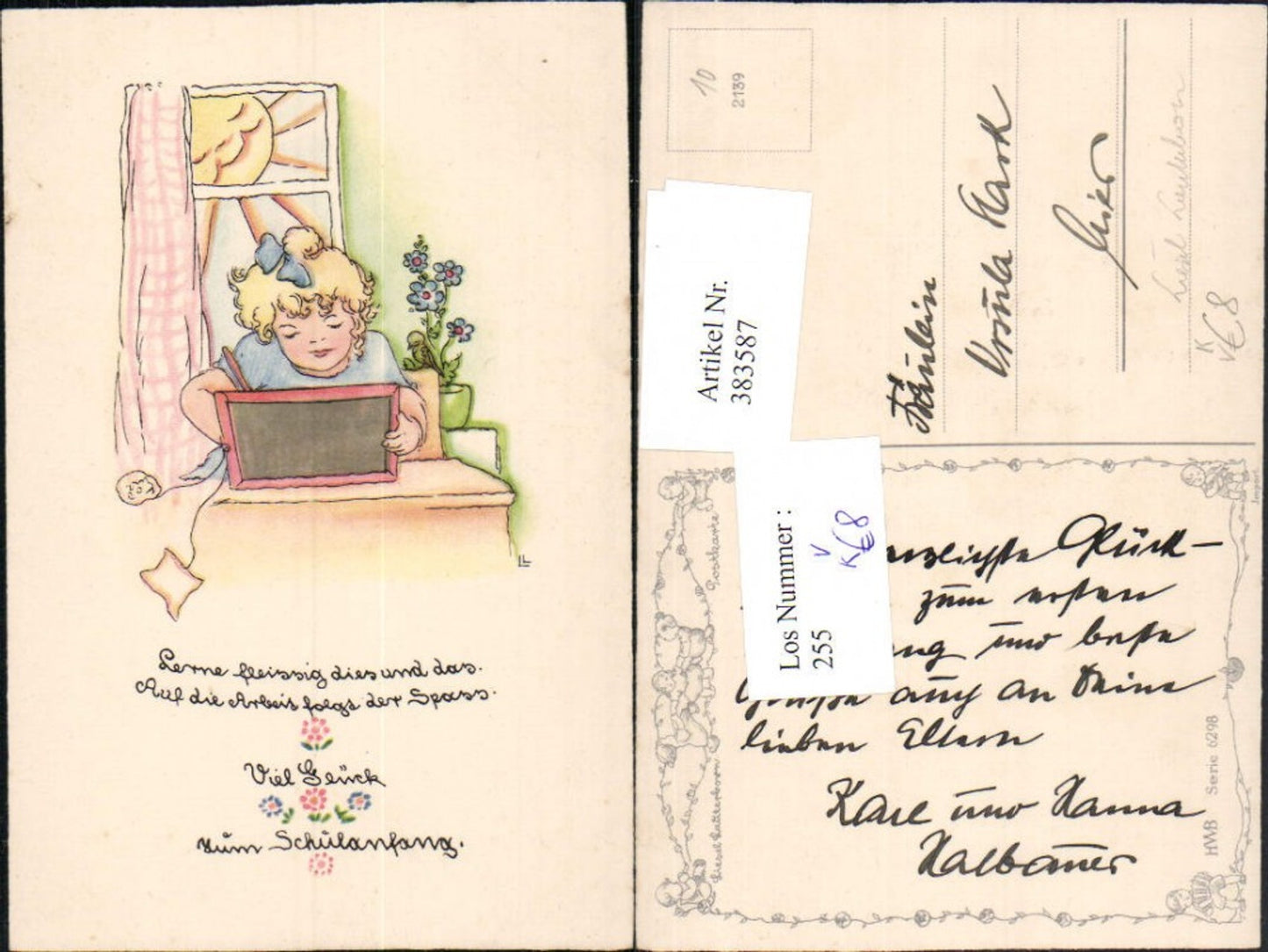 383587,Künstler AK Liesel Lauterborn Schulanfang Mädchen b. Lernen Sonnengesicht pub HWB 6298