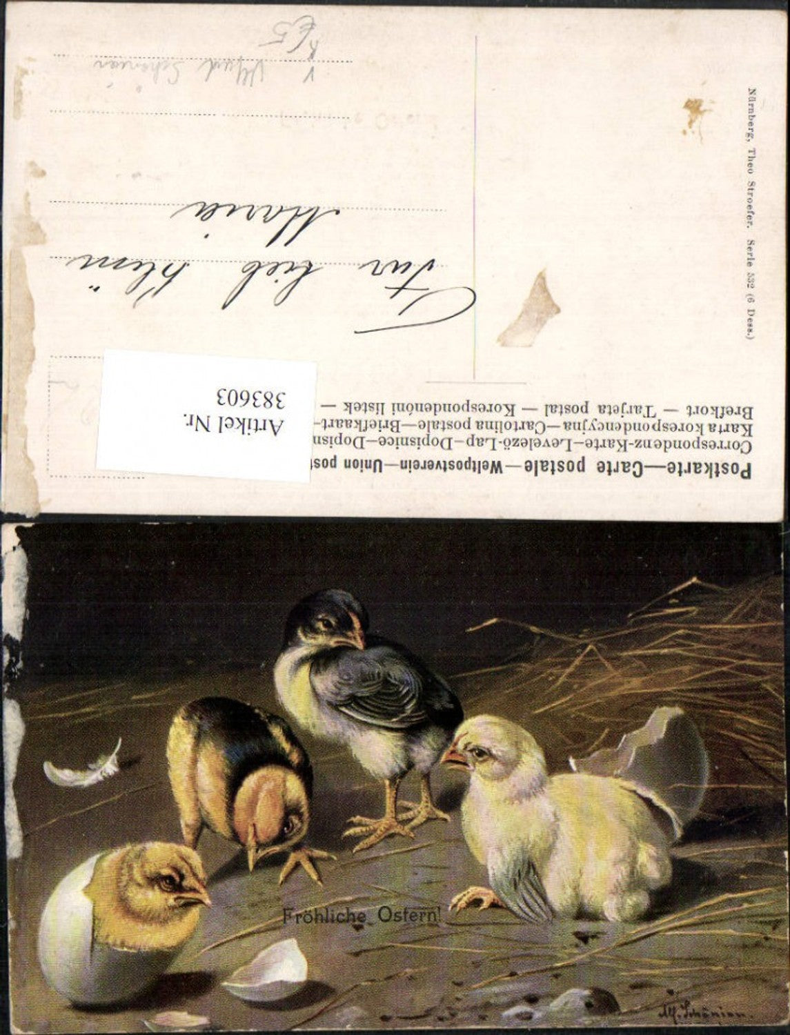 383603,Künstler AK Alfred Schönian Ostern Küken Ei pub Theo Stroefer 532