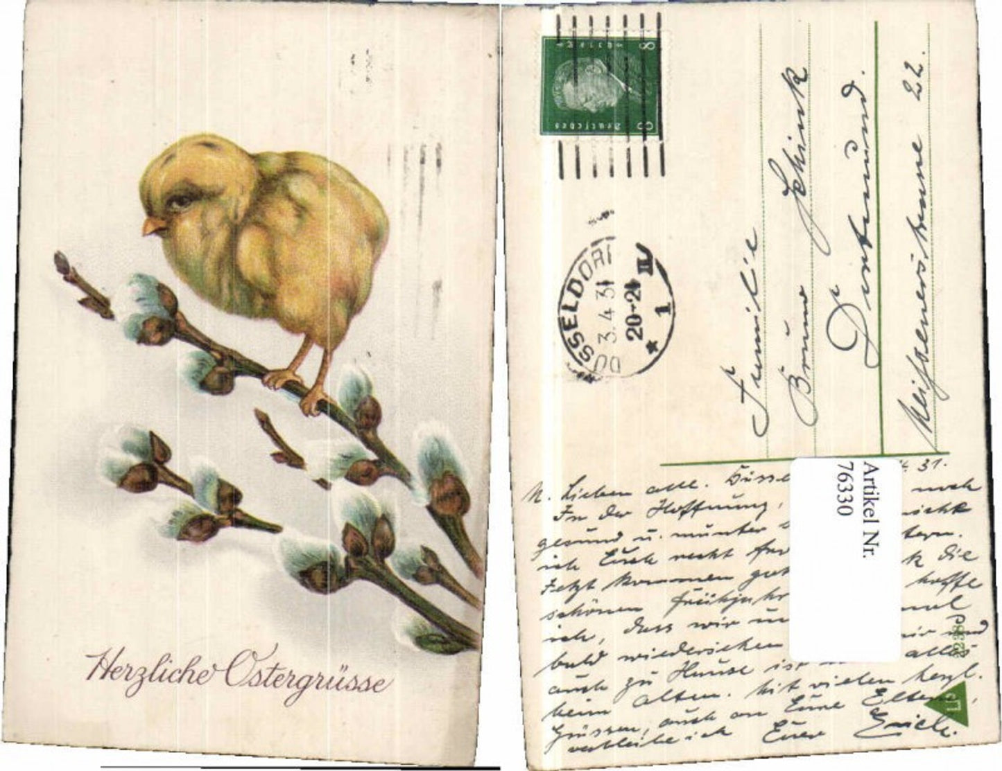 76330, Easter chick sitting on pussy willows SWEET