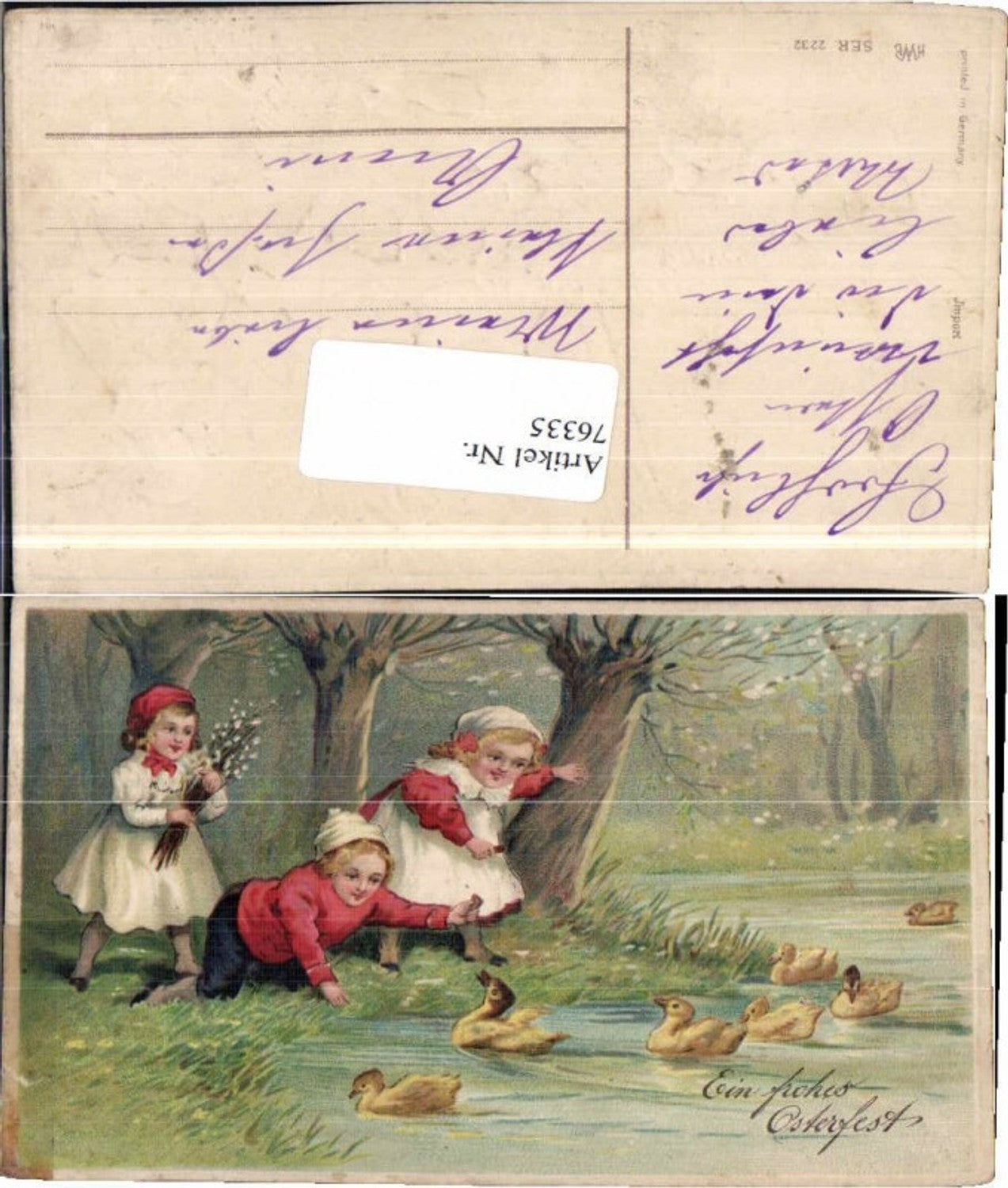 76335,Präge AK Ostern Kinder Küken Palmkätzchen