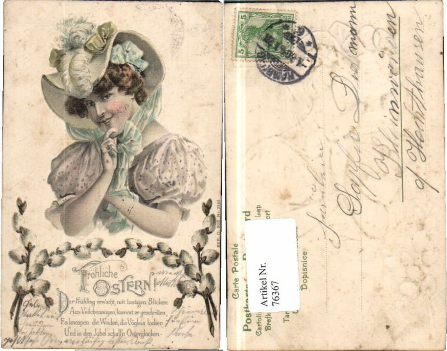 76367,Präge Jugendstil Ostern Frau Hut Mode Palmkätzchen
