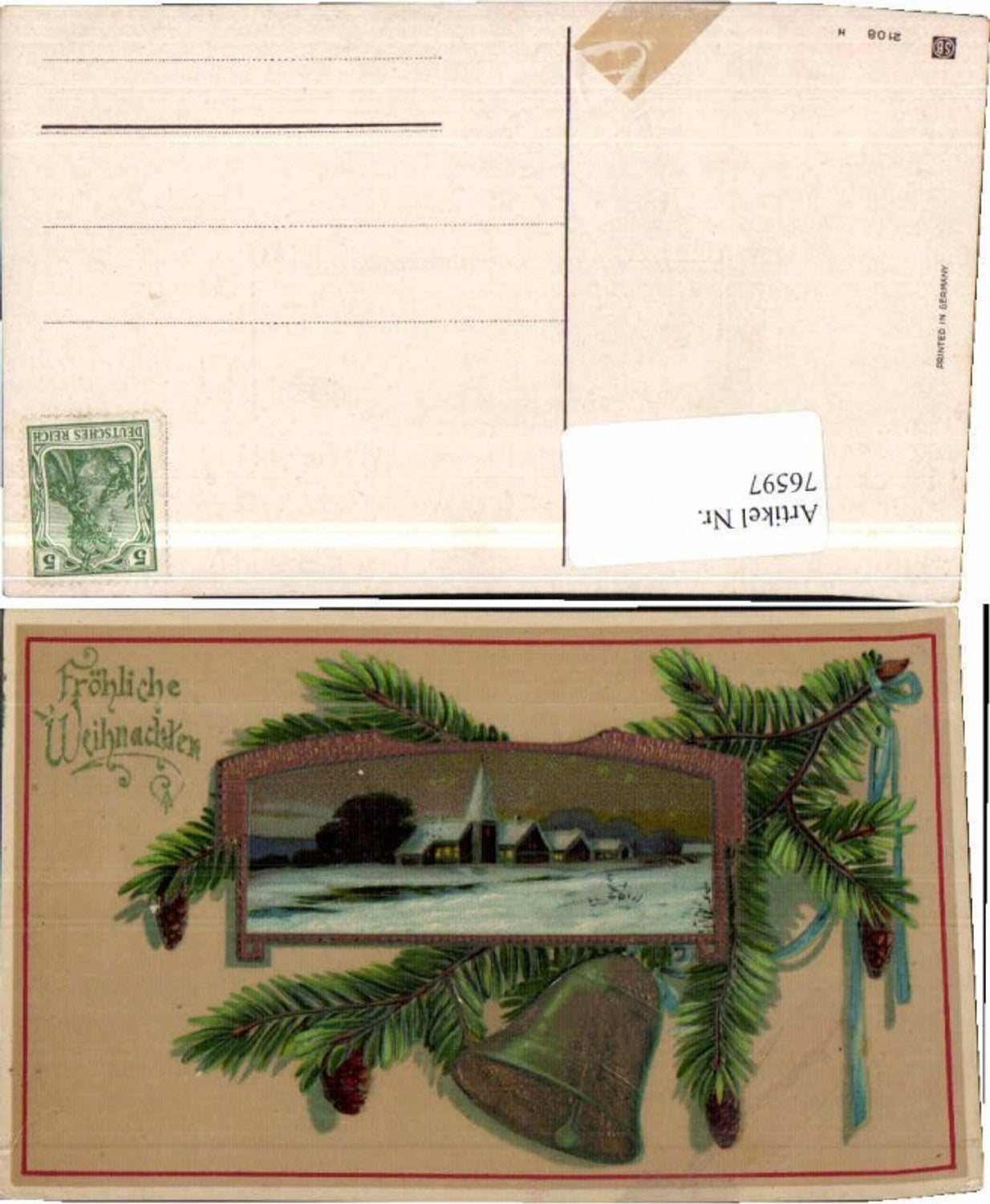 76597,Präge AK Weihnachten Glocke Winterlandschaft Zweige
