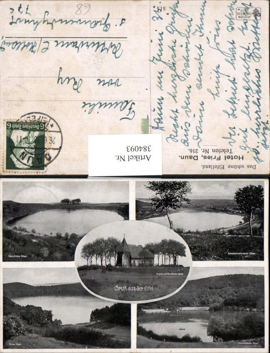 384093,Gruß aus d. Eifel b. Daun Weinfelder Pulver Gemündener Schalkenmehrener Maar Mehrbildkarte