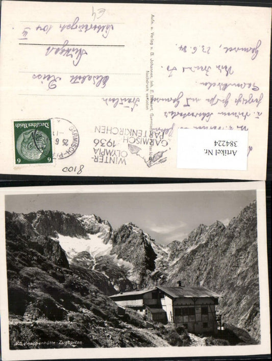 384224,Knappenhütte Berghütte b. Grainau m. Zugspitze Bergkulisse