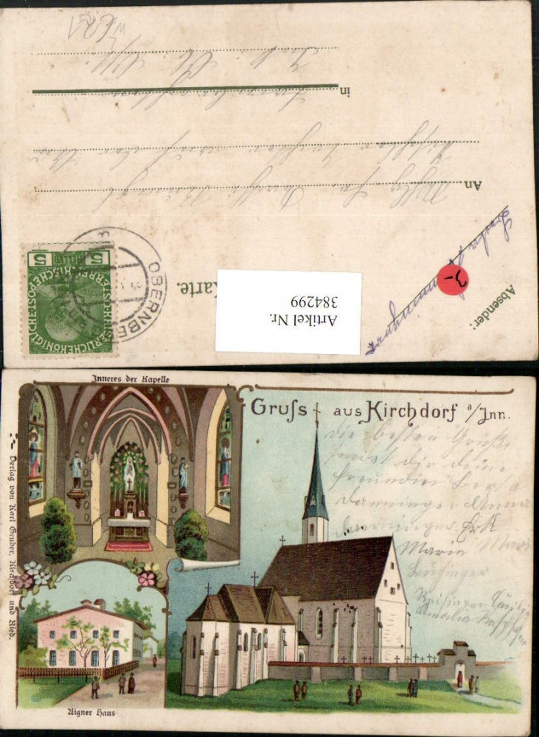 384299.Litho Gruß aus Kirchdorf am Inn Kirche Aigner Haus Mehrbildkarte