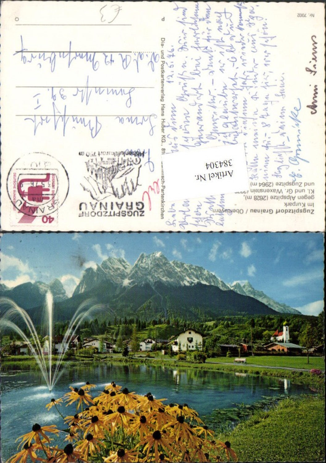 384304.Grainau Teilansicht Kurpark Wasserspiel geg. Alpspitze Bergkulisse