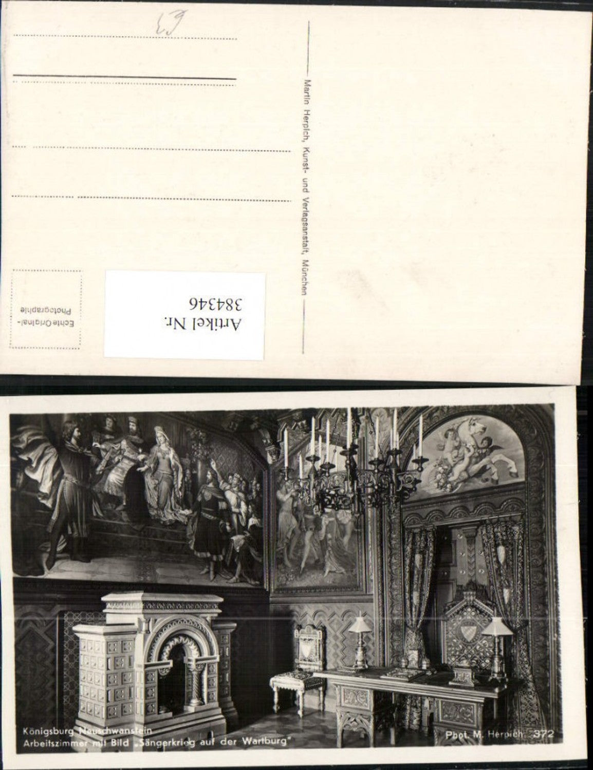 384346.Königsburg Schloss Neuschwanstein b. Füssen Arbeitszimmer m. Bild Sängerkrieg Wartburg