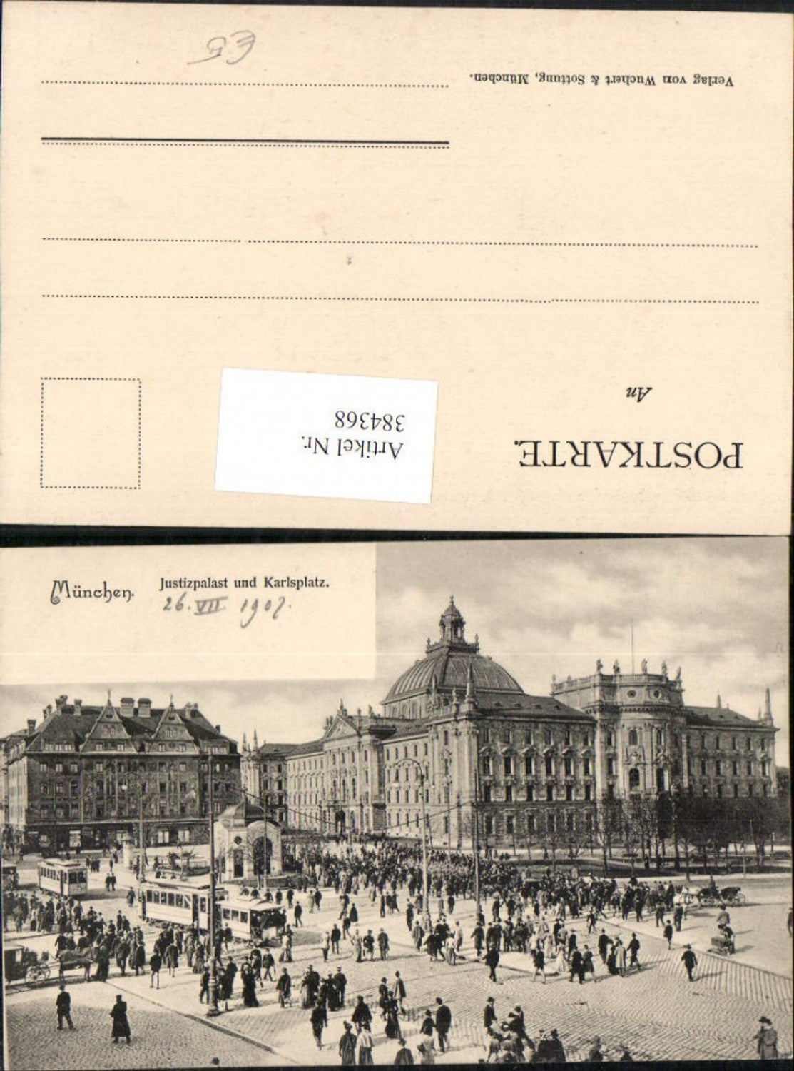 384368.München Justizpalast Gebäude u. Karlsplatz Straßenbahnen