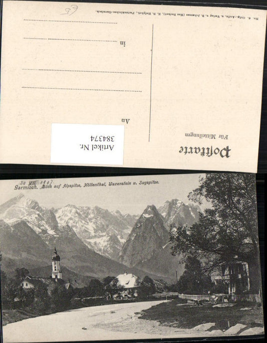 384374.Garmisch Kirche geg. Alpspitze Höllental Waxenstein u. Zugspitze Bergkulisse