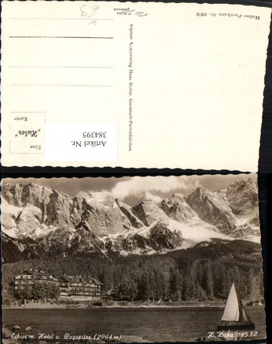384395.Eibsee See b. Grainau m. Segelboot Hotel u. Zugspitze Bergkulisse