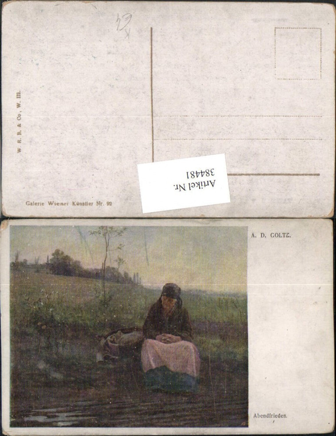 384481.Künstler AK A. D. Goltz Abendfrieden Frau b. Beten Feld Wiese