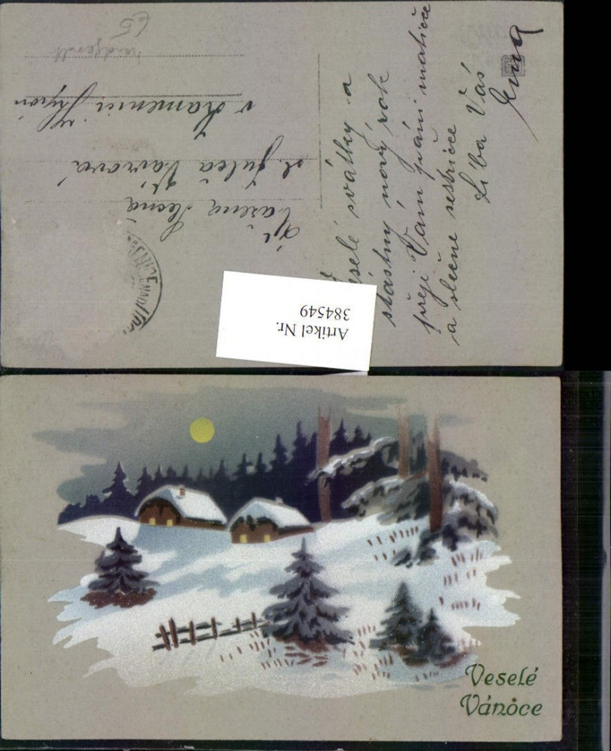 384549. Artist AK Hand-painted Winter Landscape Houses Moonlight