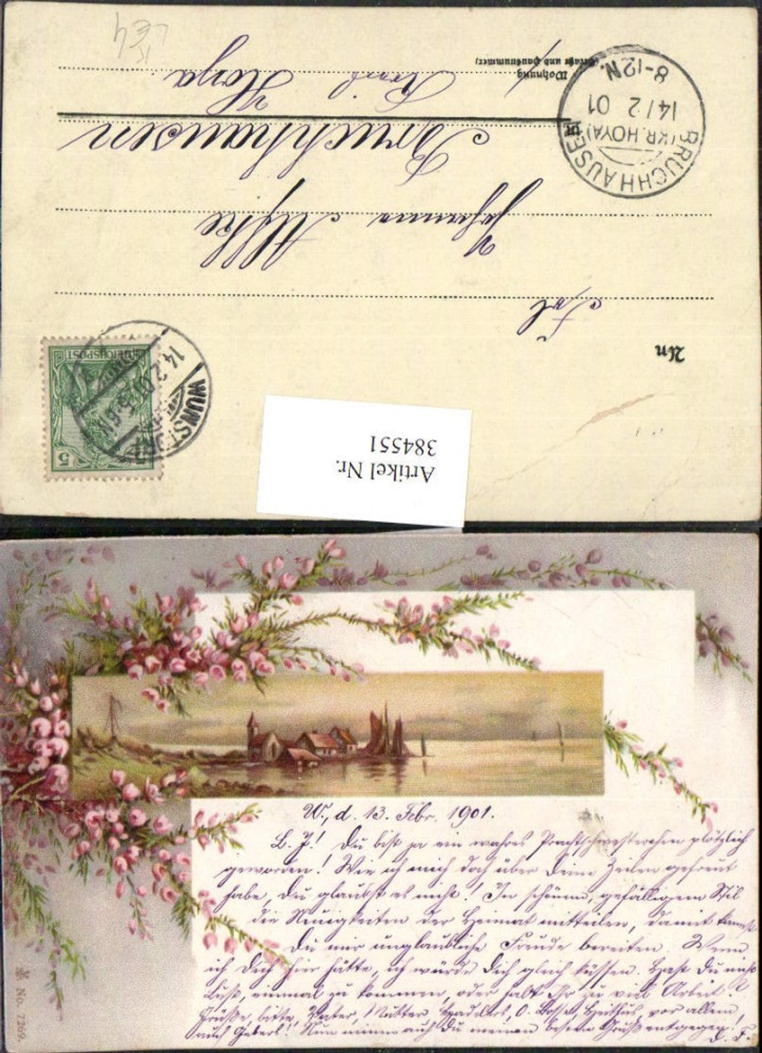 384551.Künstler Litho Landschaft Dorf Kirche See Passepartout Blüten Zweige