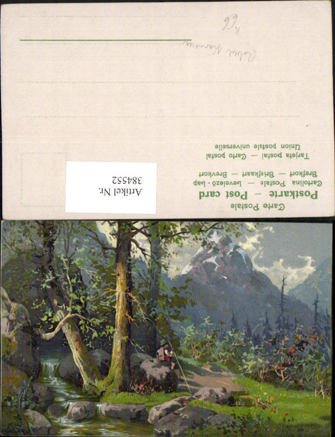 384552.Künstler AK Robert Kämmerer Landschaft Wanderer Bach Bergkulisse