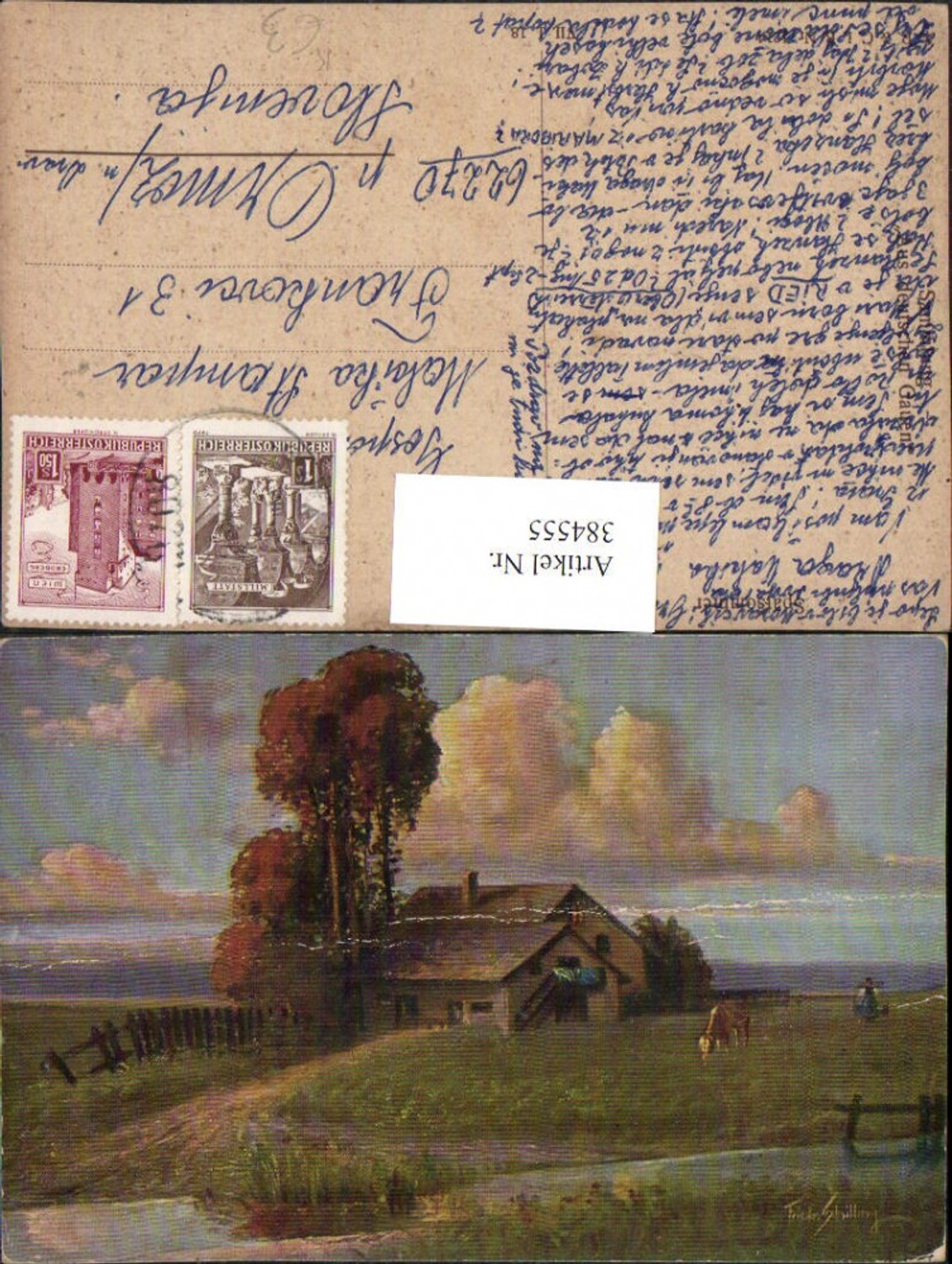 384555.Künstler AK Friedrich Schilling Spätsommer Landschaft Haus