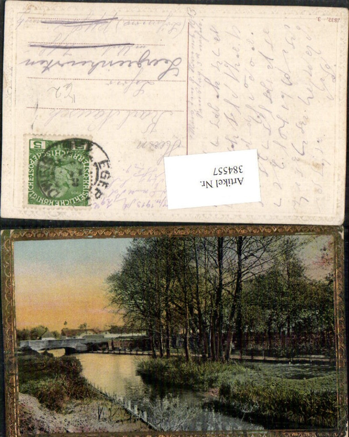 384557.Künstler AK Landschaft Fluss Bach Brücke Präge Passepartout