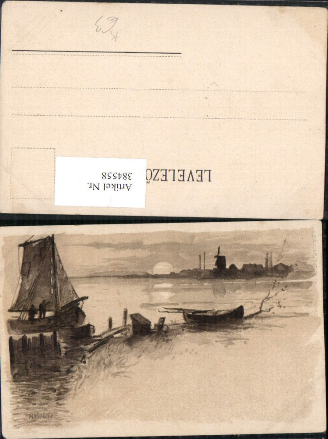 384558.Künstler AK A. Heirle Landschaft Segelboot Boot Windmühle