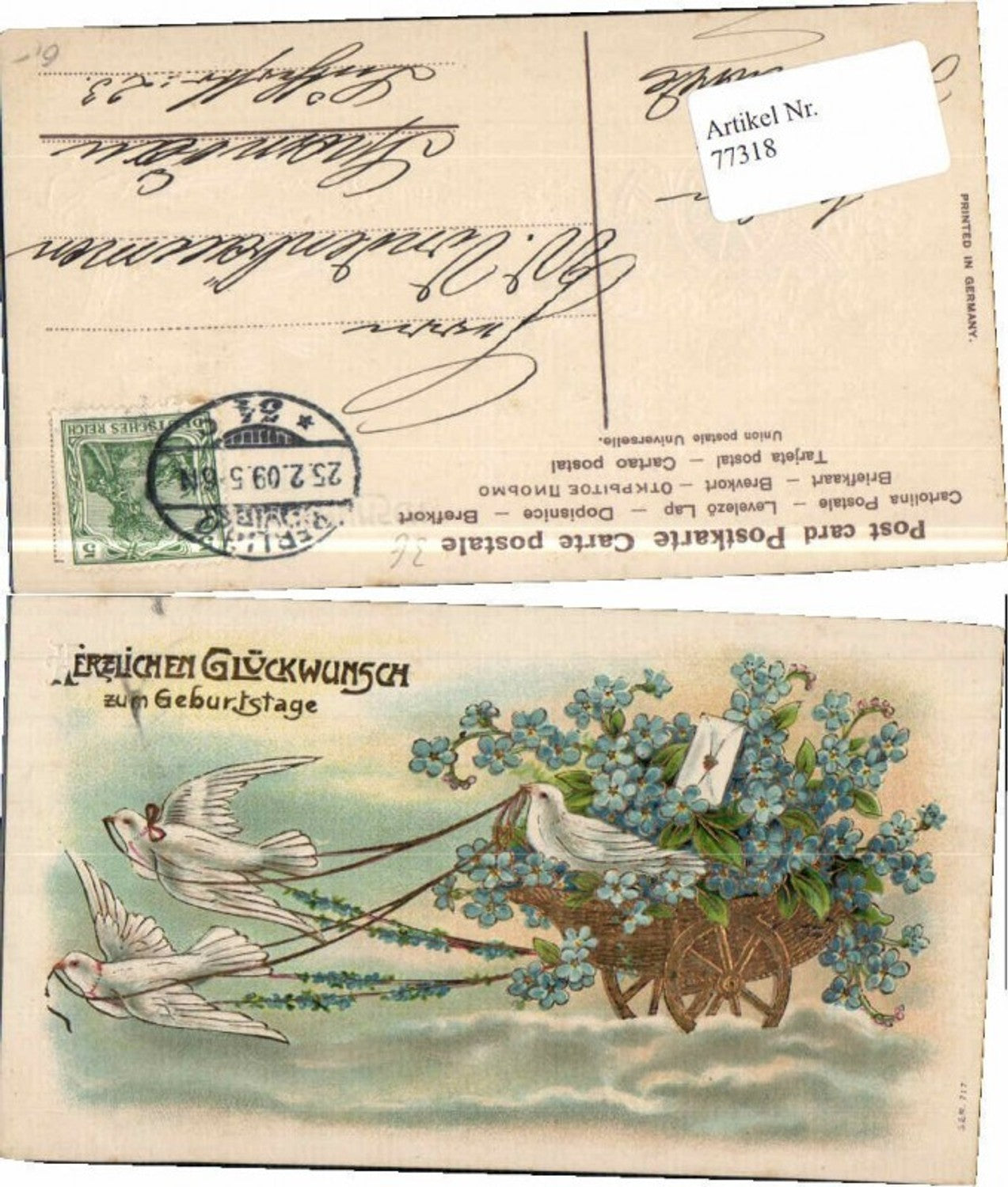 77318,Präge Litho Jugendstil Tauben Himmelskutsche Brieftauben