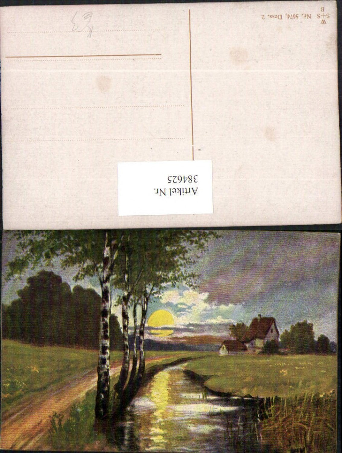 384625.Künstler AK Landschaft Bach Birken Haus Sonne