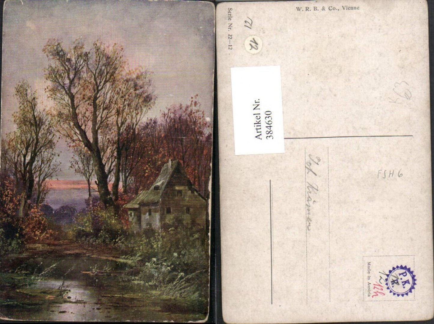 384630,Künstler AK Haus Teich Bäume