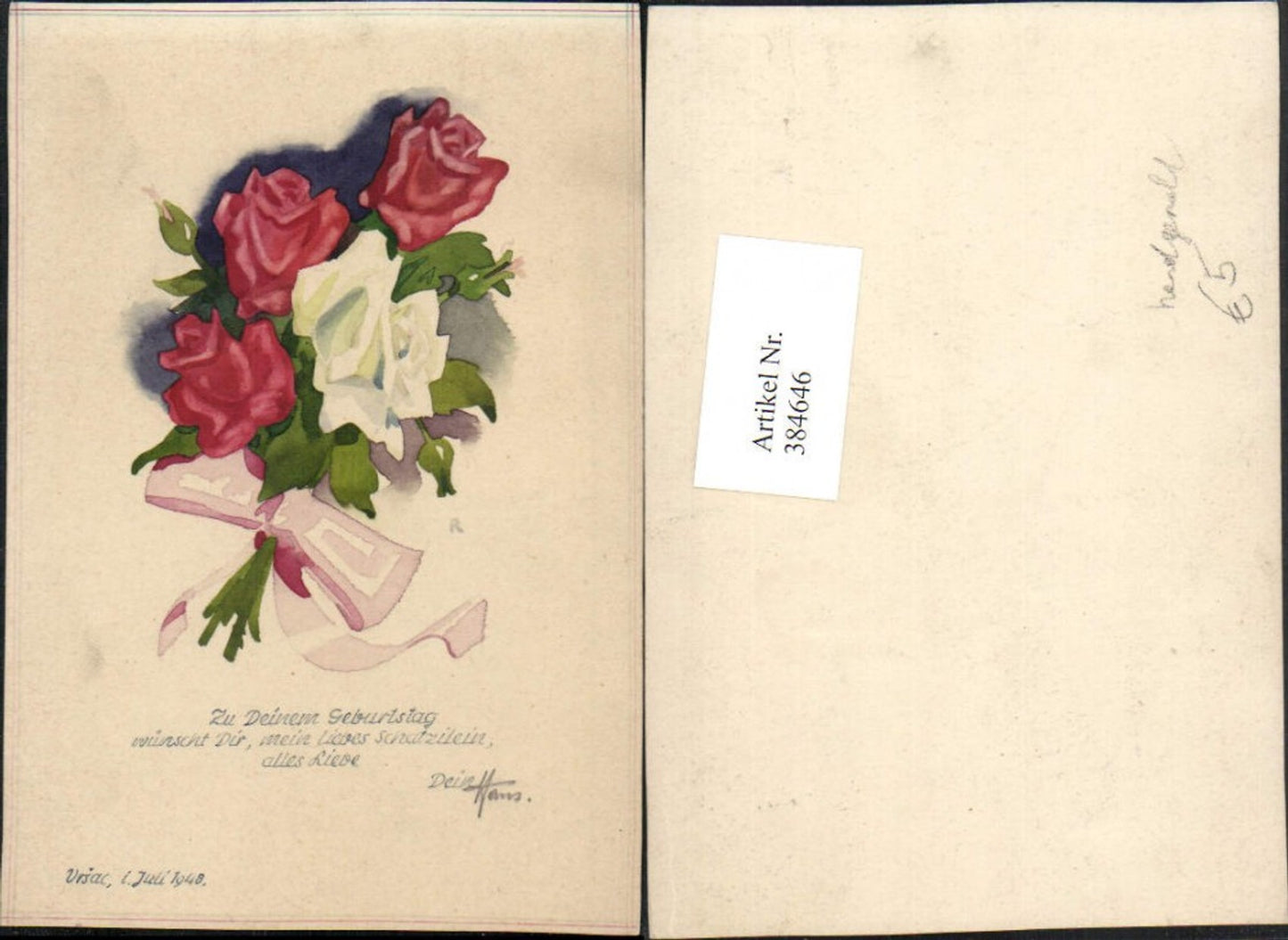 384646,Künstler AK Handgemalt Geburtstag Blumenstrauß Rosen Schleife