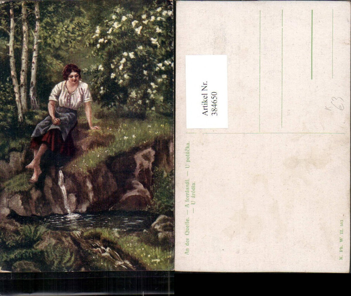 384650,Künstler AK An der Quelle Frau Bäume Strauch