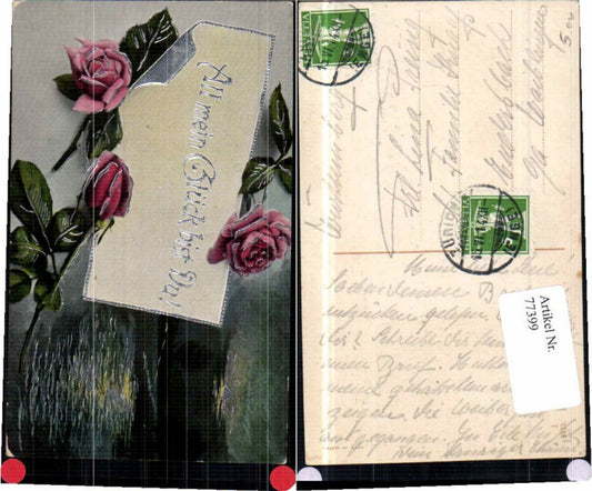 77399,Rosen Blumen Liebesspruch All mei Glück bist Du Präge AK