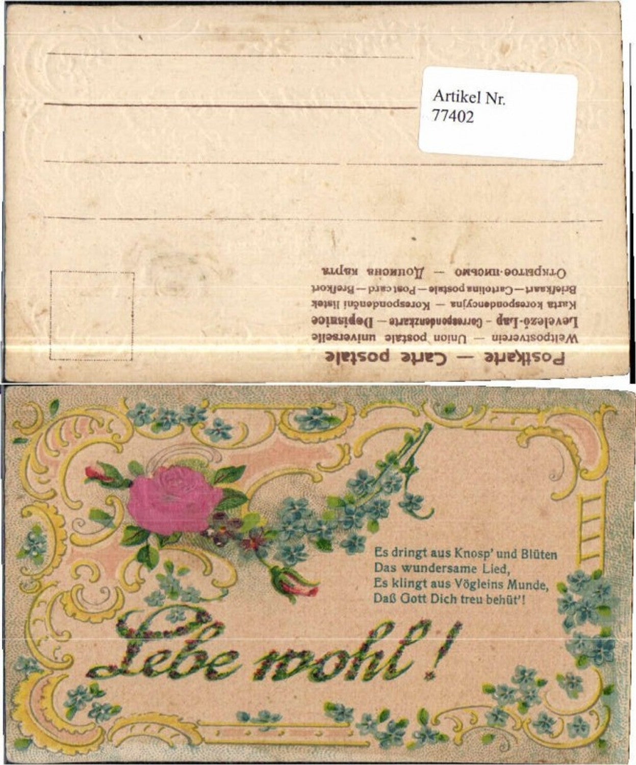 77402,Präge AK Spruch Lebe Wohl Rose Verziert