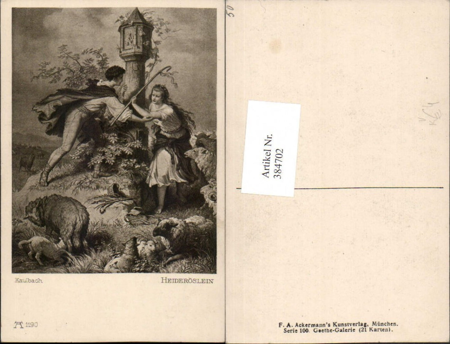 384702,Künstler AK Kaulbach Heideröslein Paar Liebe Hirte Bildstock Schafe pub A. Ackermann 1190