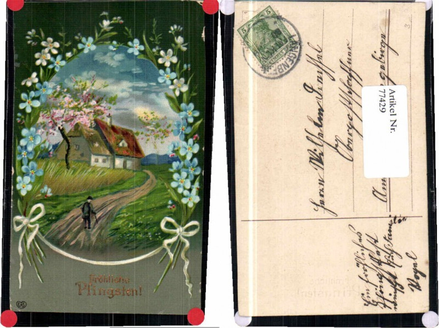 77429,EAS Pfingsten Blumen Mann vor haus