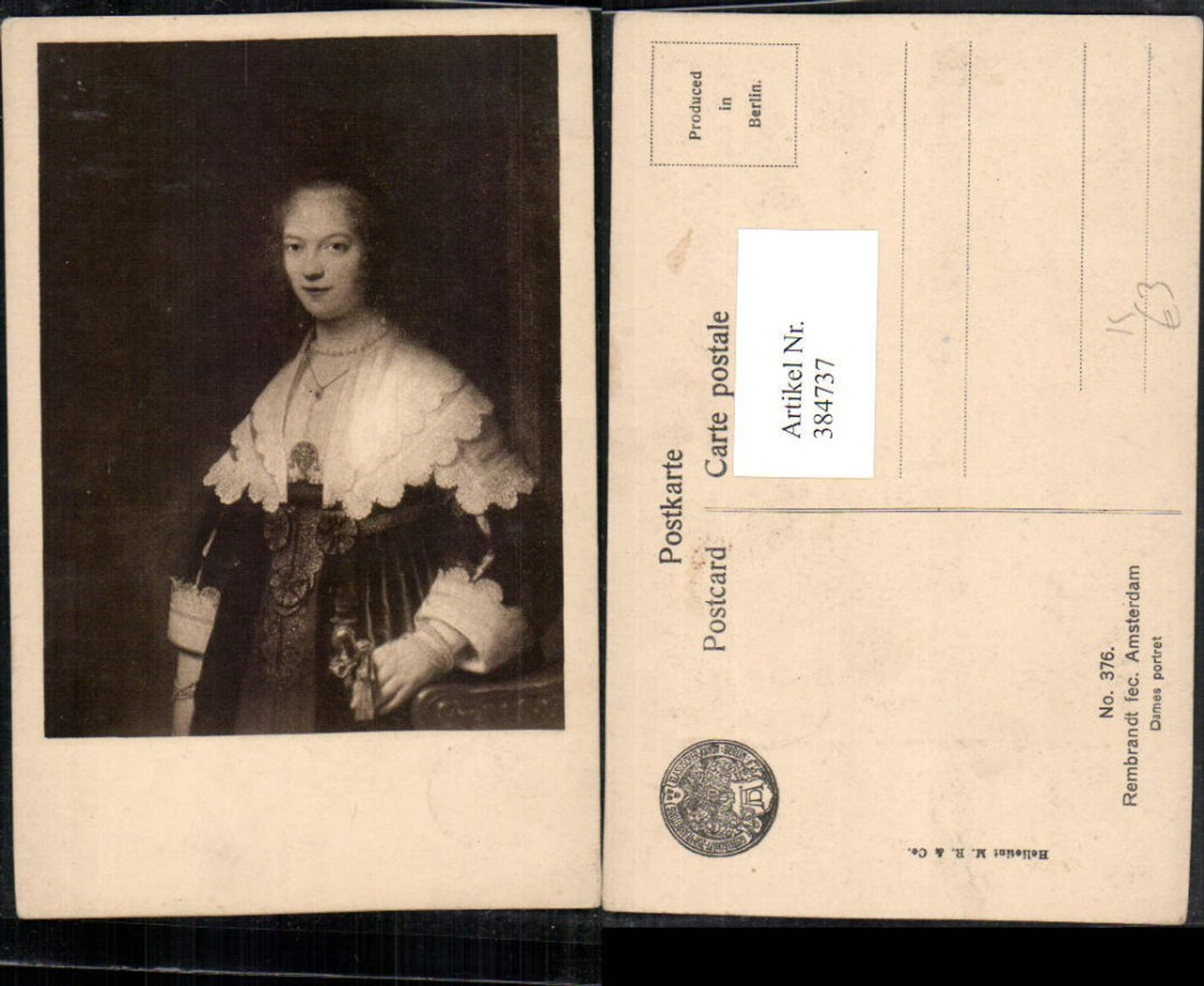 384737,Künstler AK Rembrandt Dames portret Frau m. Kleid Portrait