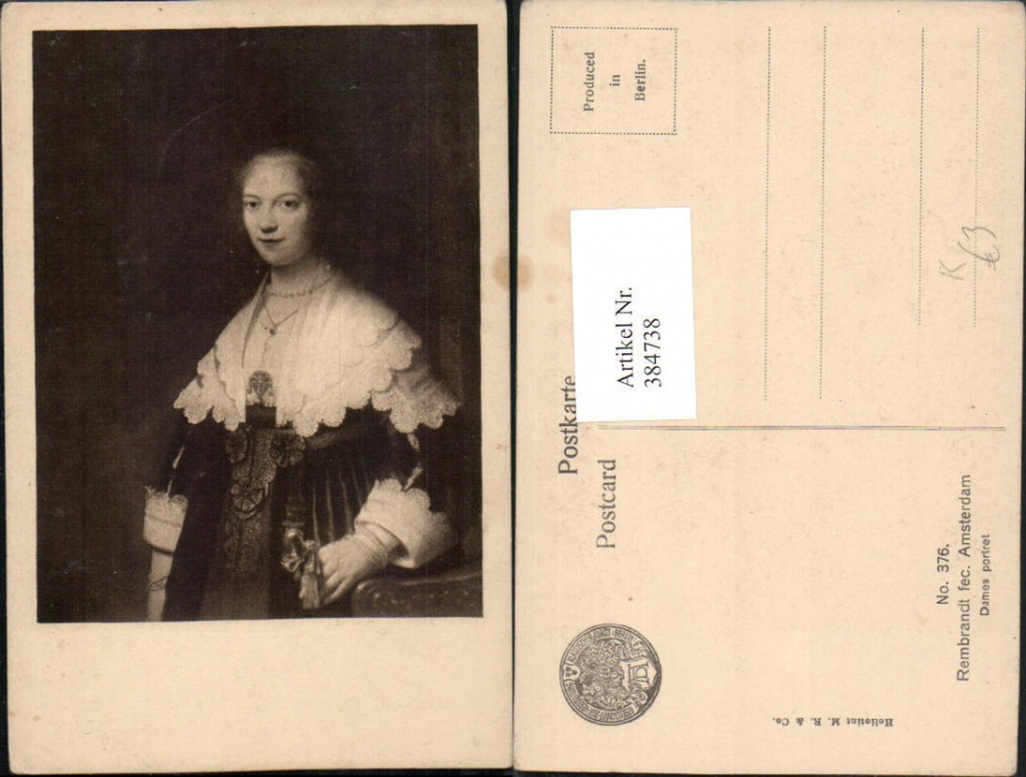 384738,Künstler AK Rembrandt Dames portret Frau m. Kleid Portrait