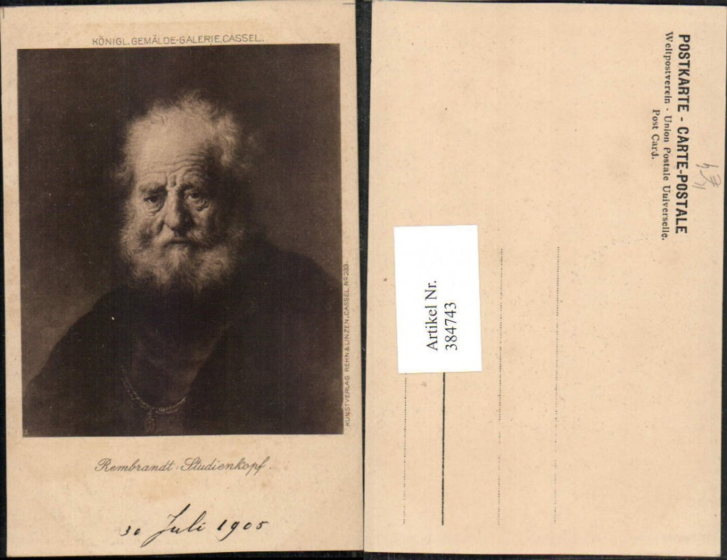 384743,Künstler AK Rembrandt Studienkopf Alter Mann Portrait