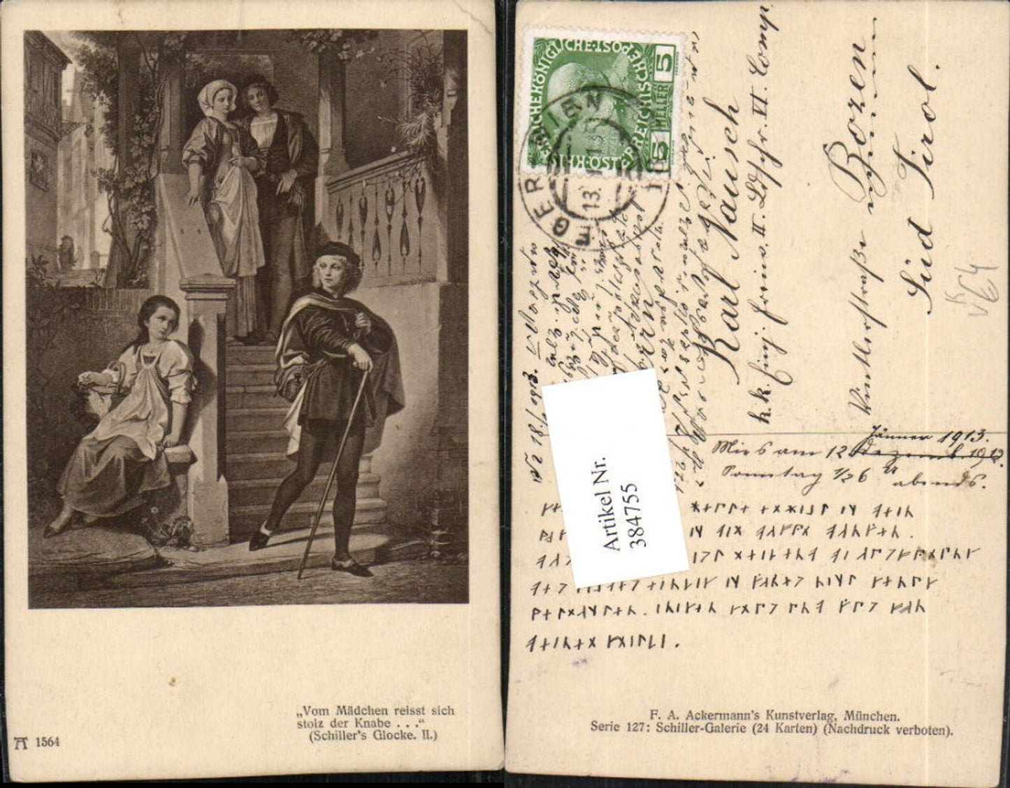 384755,Künstler AK Schillers Glocke Vom Mädchen reißt sich stolz der Knabe pub A. Ackermann 1564