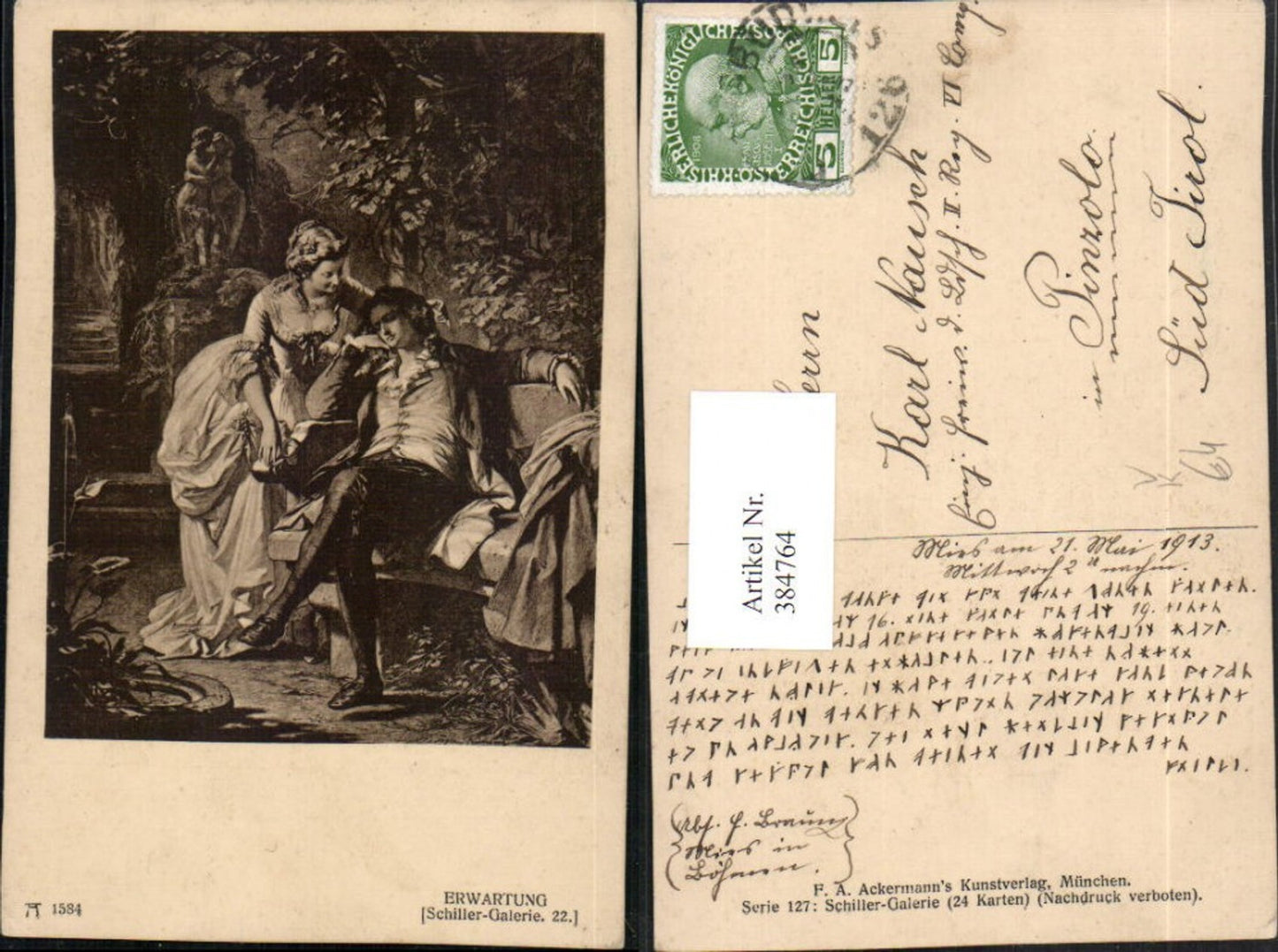 384764,Künstler AK Schiller Erwartung Paar Frau m. Kleid pub A. Ackermann 1584