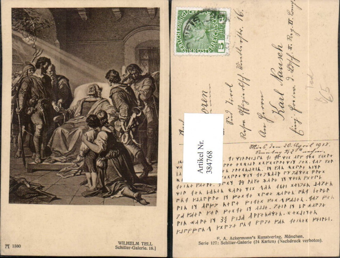 384768,Künstler AK Schiller Wilhelm Tell Tod pub A. Ackermann 1580