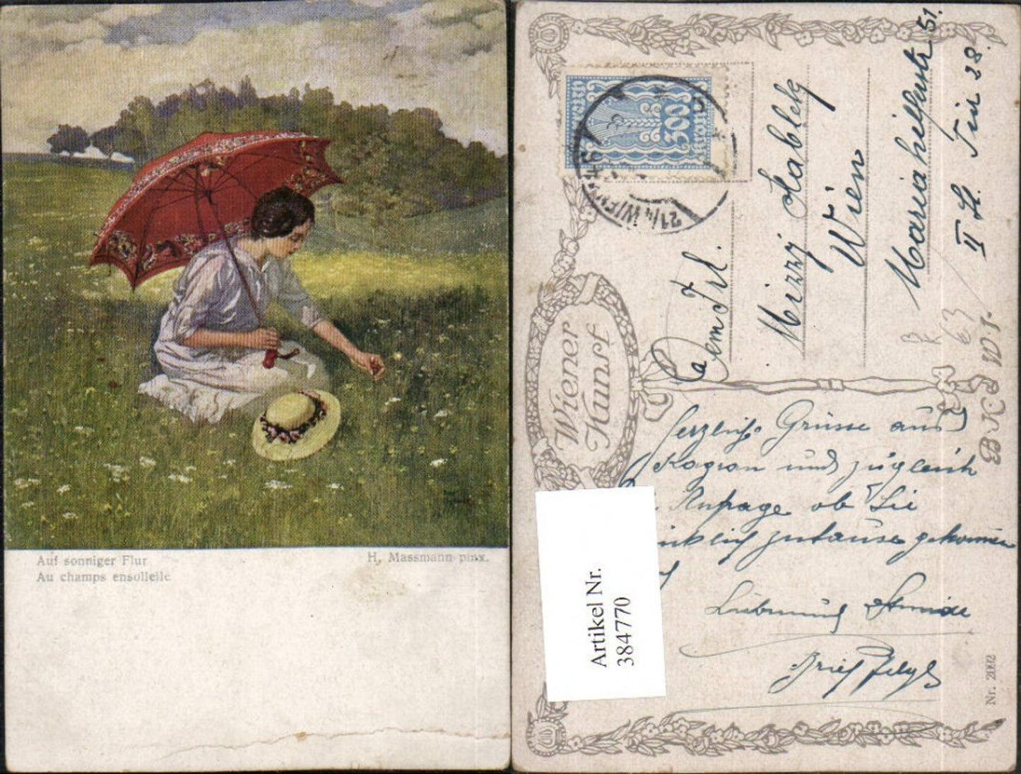 384770, Artist AK H. Massmann On a sunny meadow Woman with umbrella Hat Meadow pub BKWI 2092